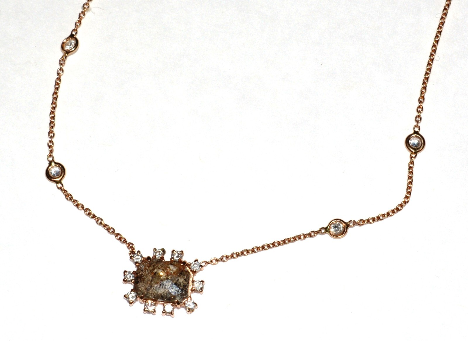 Unique Solid 14k Rose Gold Grey Rose Cut Diamond w White Diamond Accent Necklace