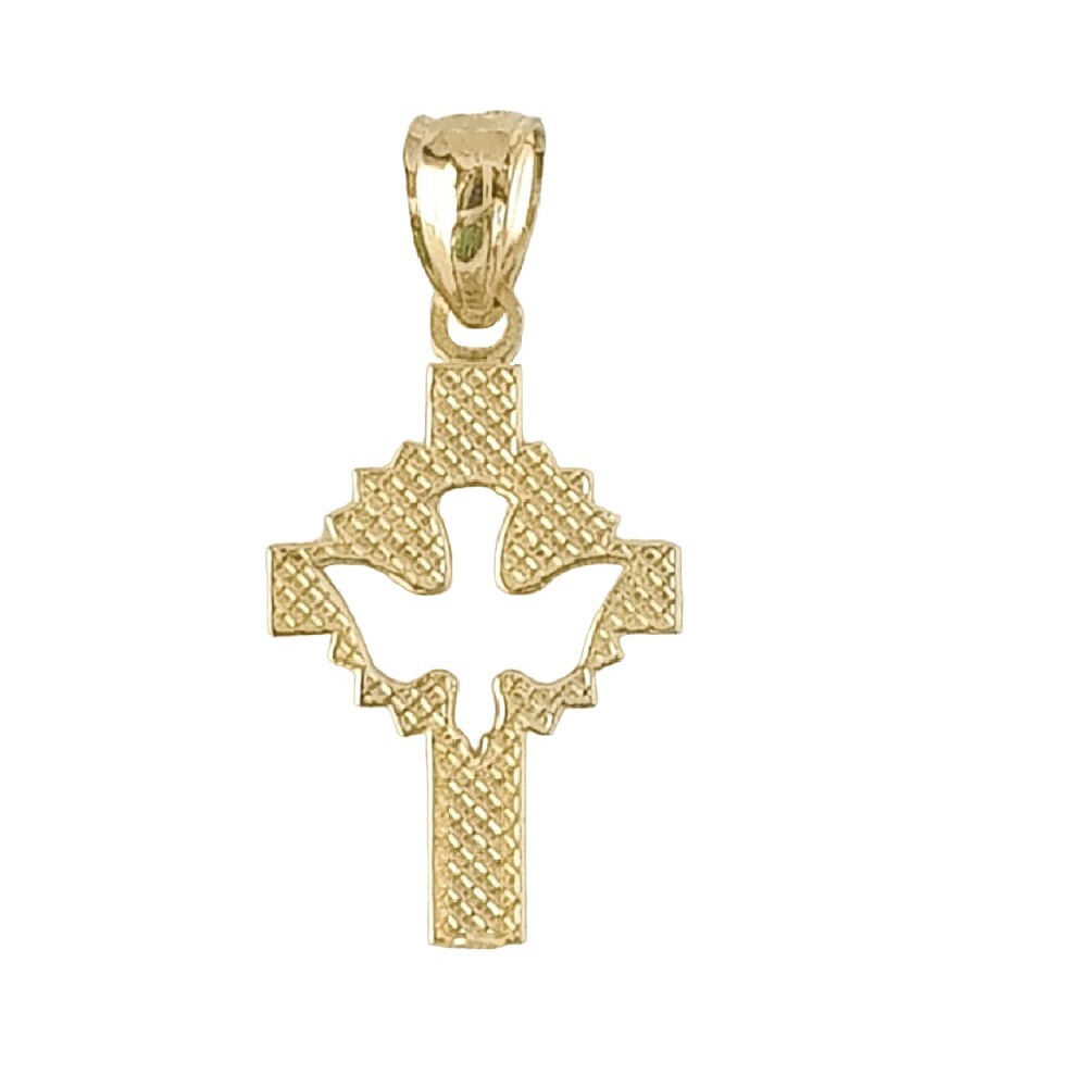 14k Yellow Gold Cross with Holy Dove Pendant / Charm, Made in USA