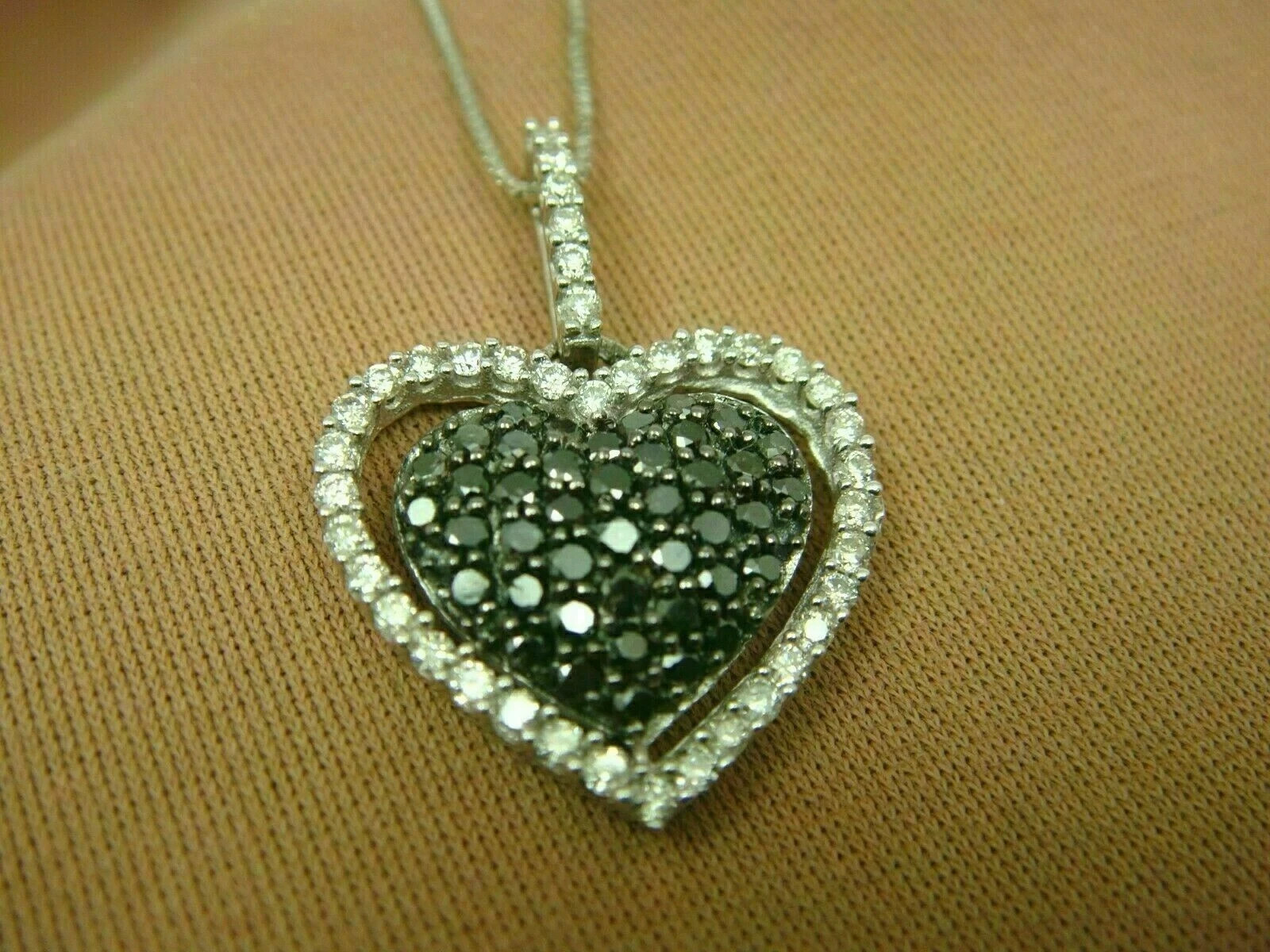 1.15 Ct Round & Black Cut Diamond Heart Pendant 14K White Gold Finish