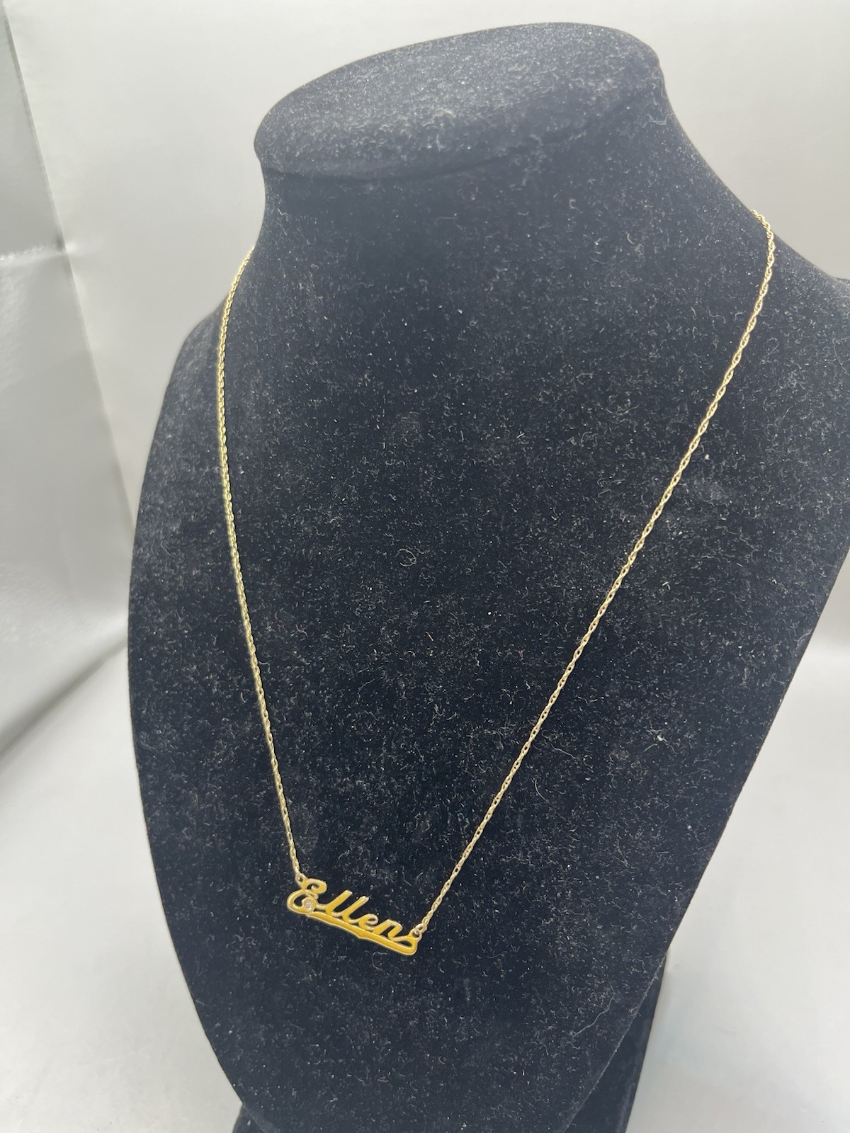 14K Solid Gold Flat Vintage Chain Necklace 18” 2 grams “Ellen” Nameplate Diamond