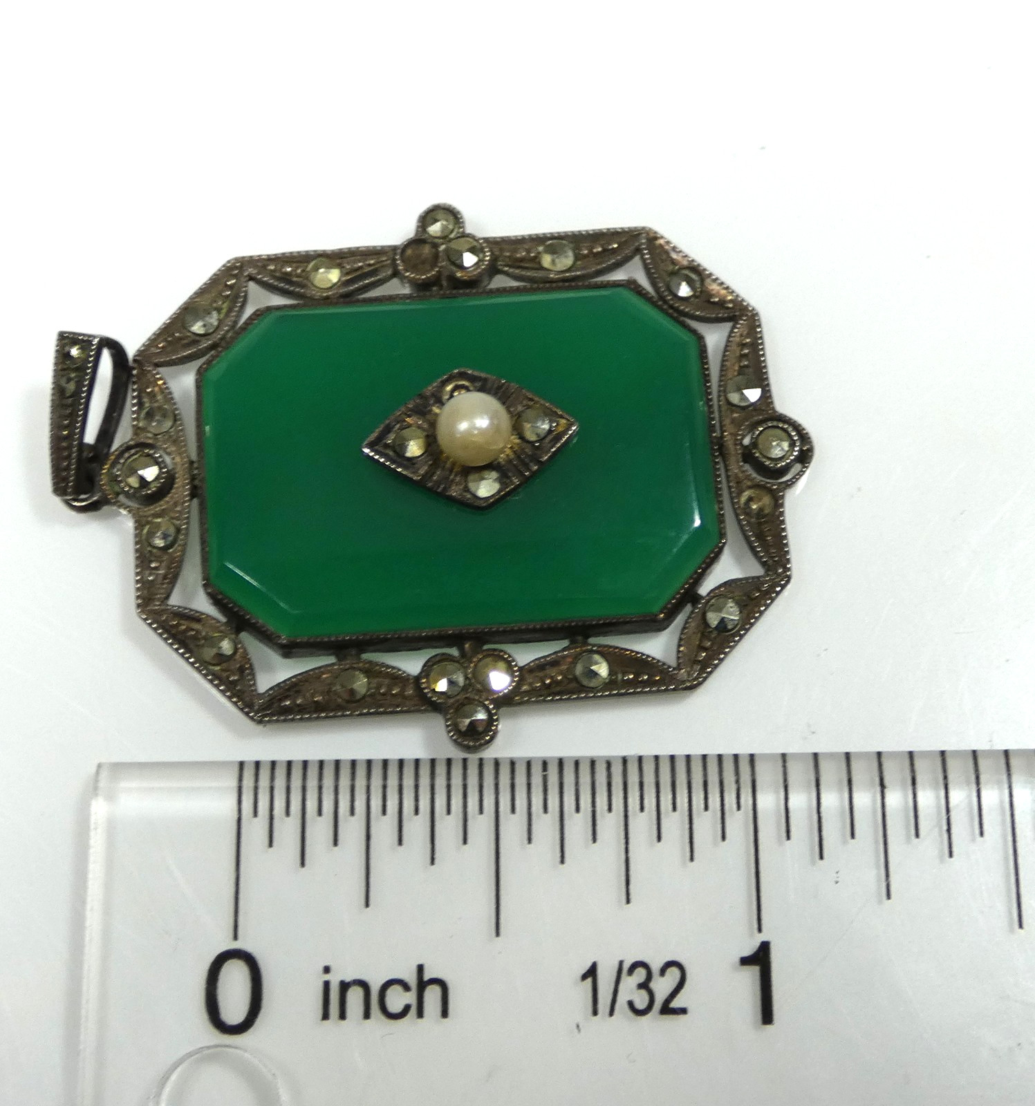 Vintage 1920’s Art Deco Green Onyx, Marcasite, and Pearl Sterling Silver Pendant