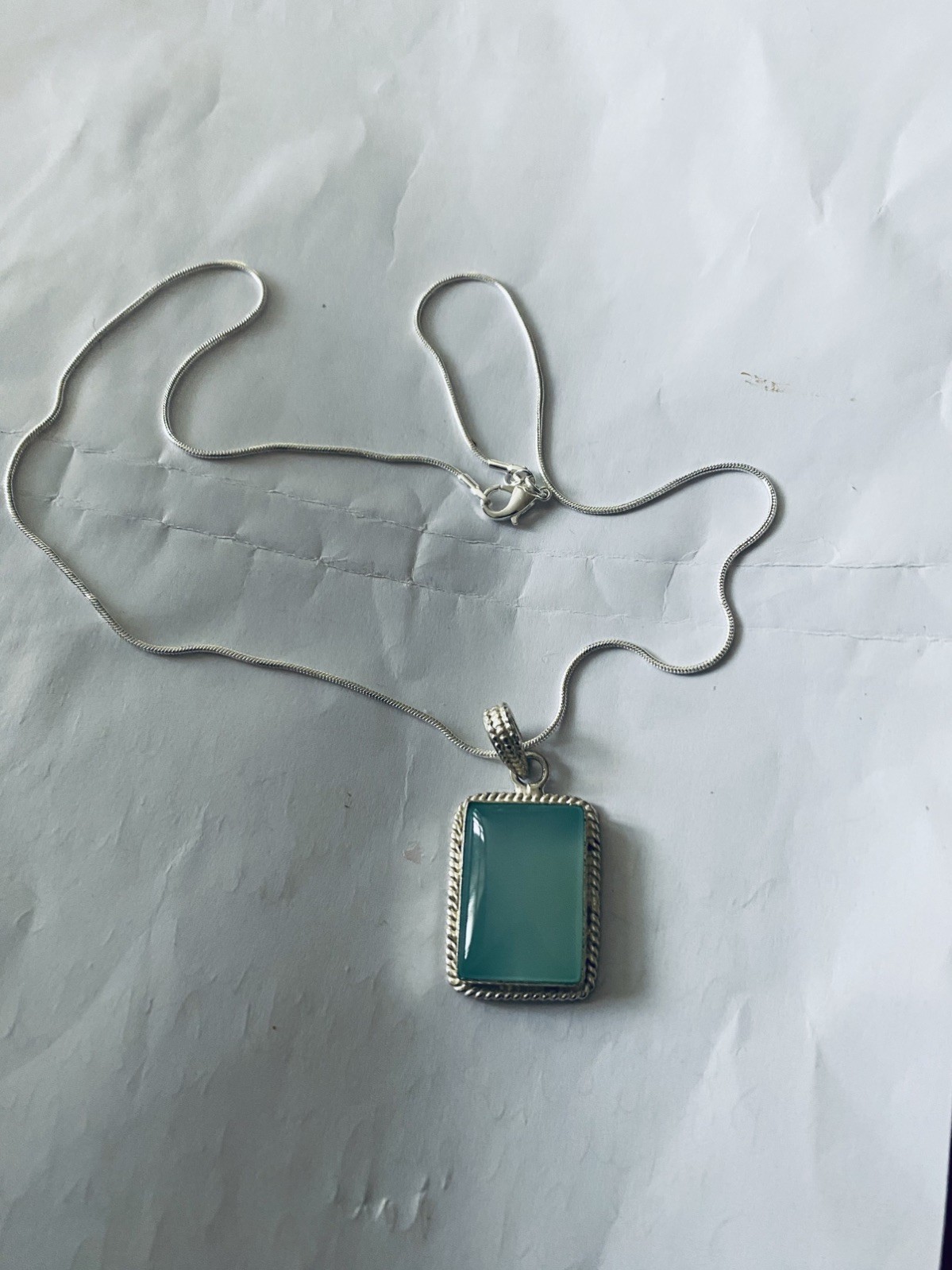 Vintage Aqua Chalcedony Big Pendant 925 Silver 20”chain.4x2cm UK Seller VGC