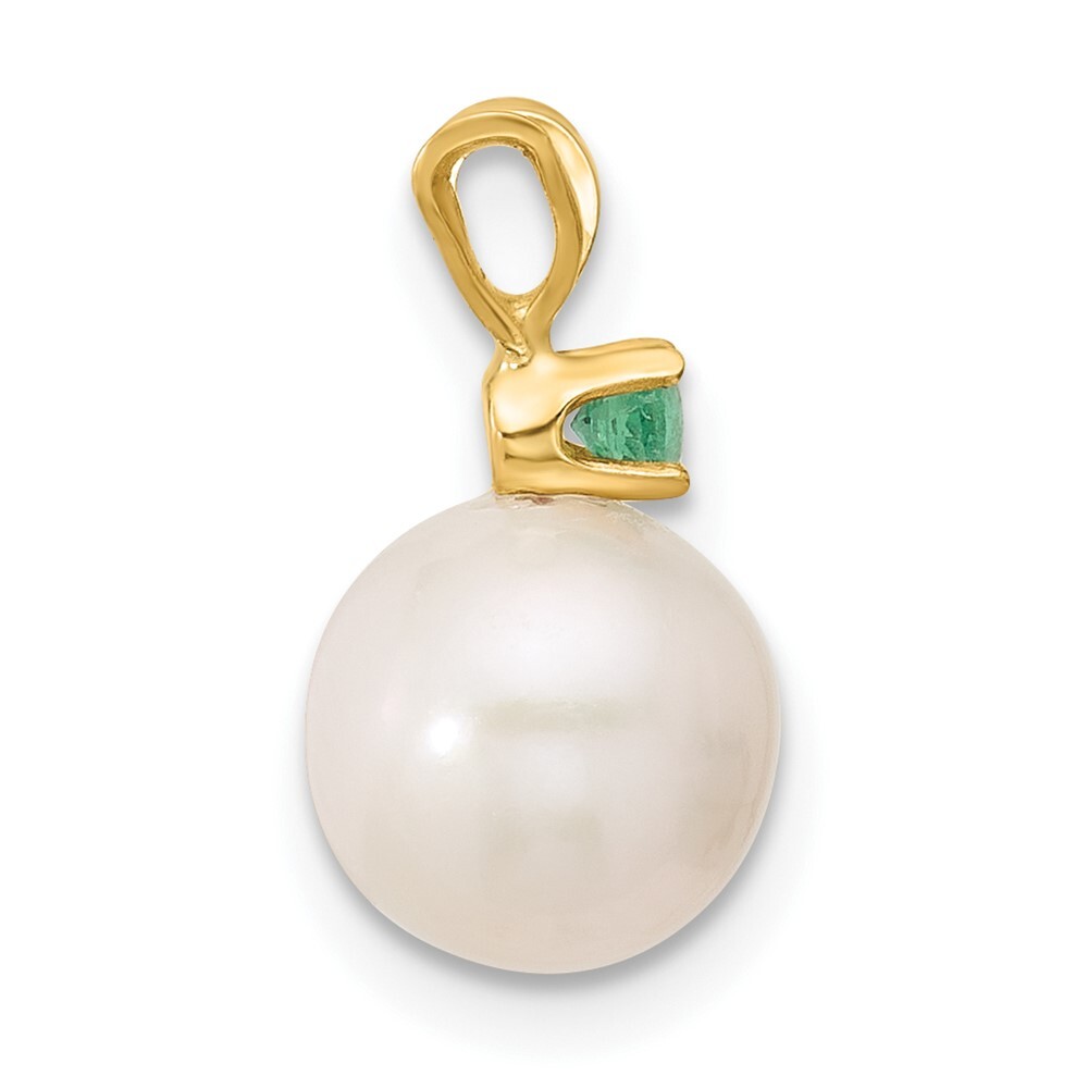 14k Yellow Gold 14k8-8.5mm White Freshwater Cultured Pearl & Emerald Pendant