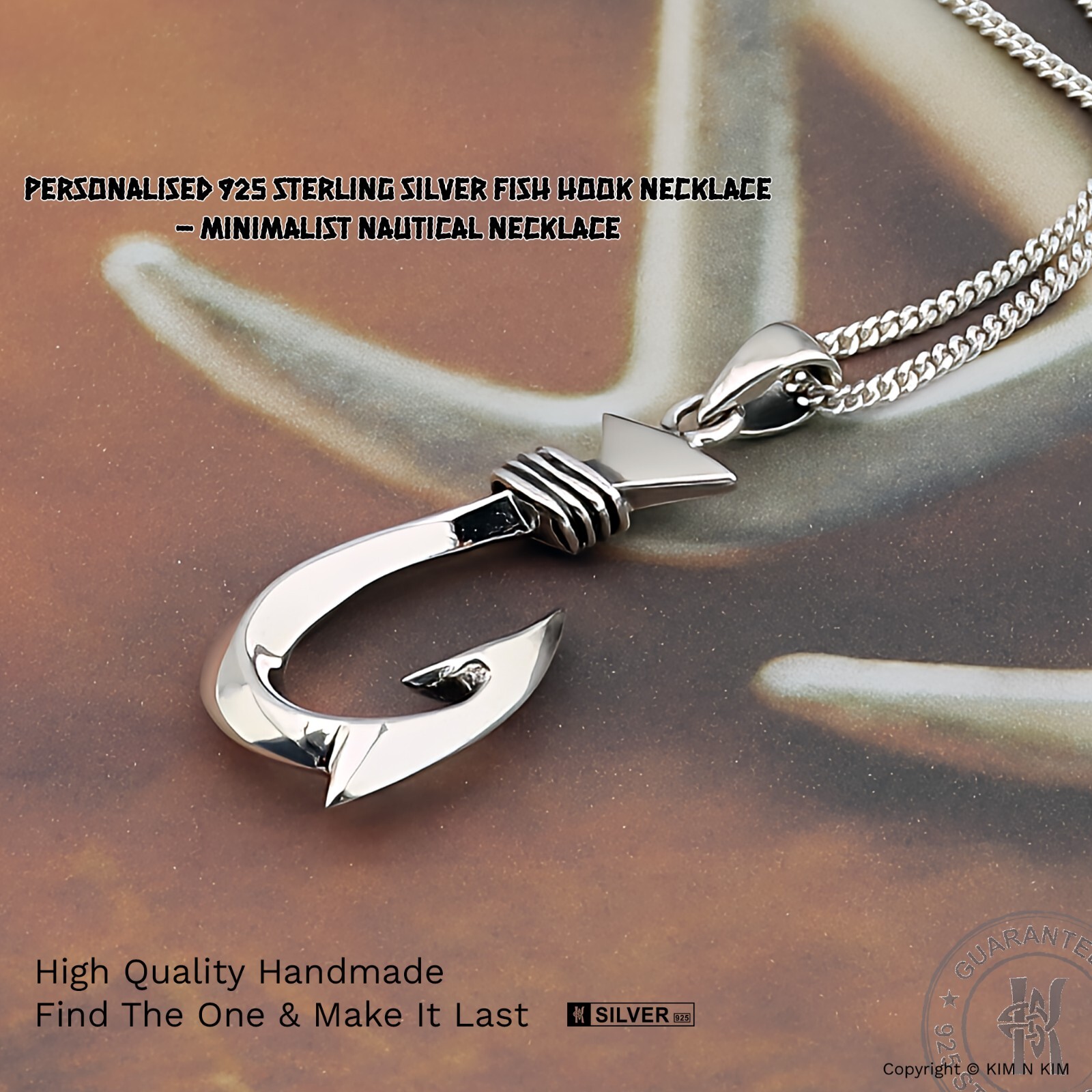 925 Sterling Silver Sacred Fish Hook Pendant Necklace, Nautical Necklace, Custom