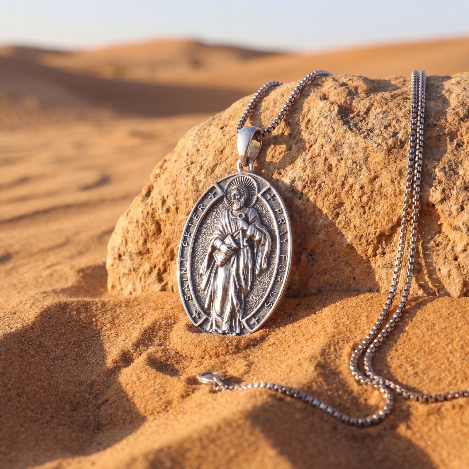 925 Sterling Silver Two-Sided Saint Peter Necklace