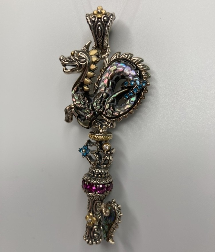 Barbara Bixby Dragon Key Enhancer Pendant Gemstones 18k Gold Sterling 925 in Box