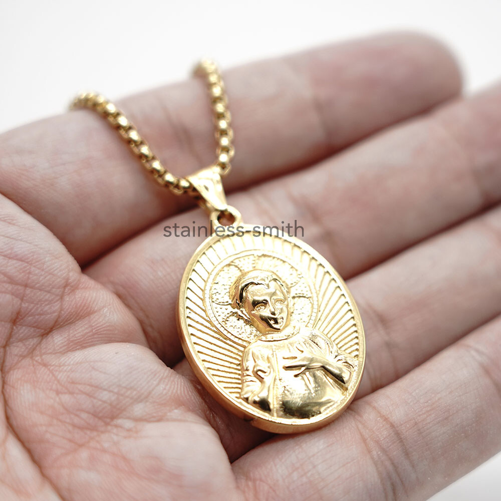 Mens Womens Gold Plated Baby Jesus Medallion Pendant Necklace Stainless Steel