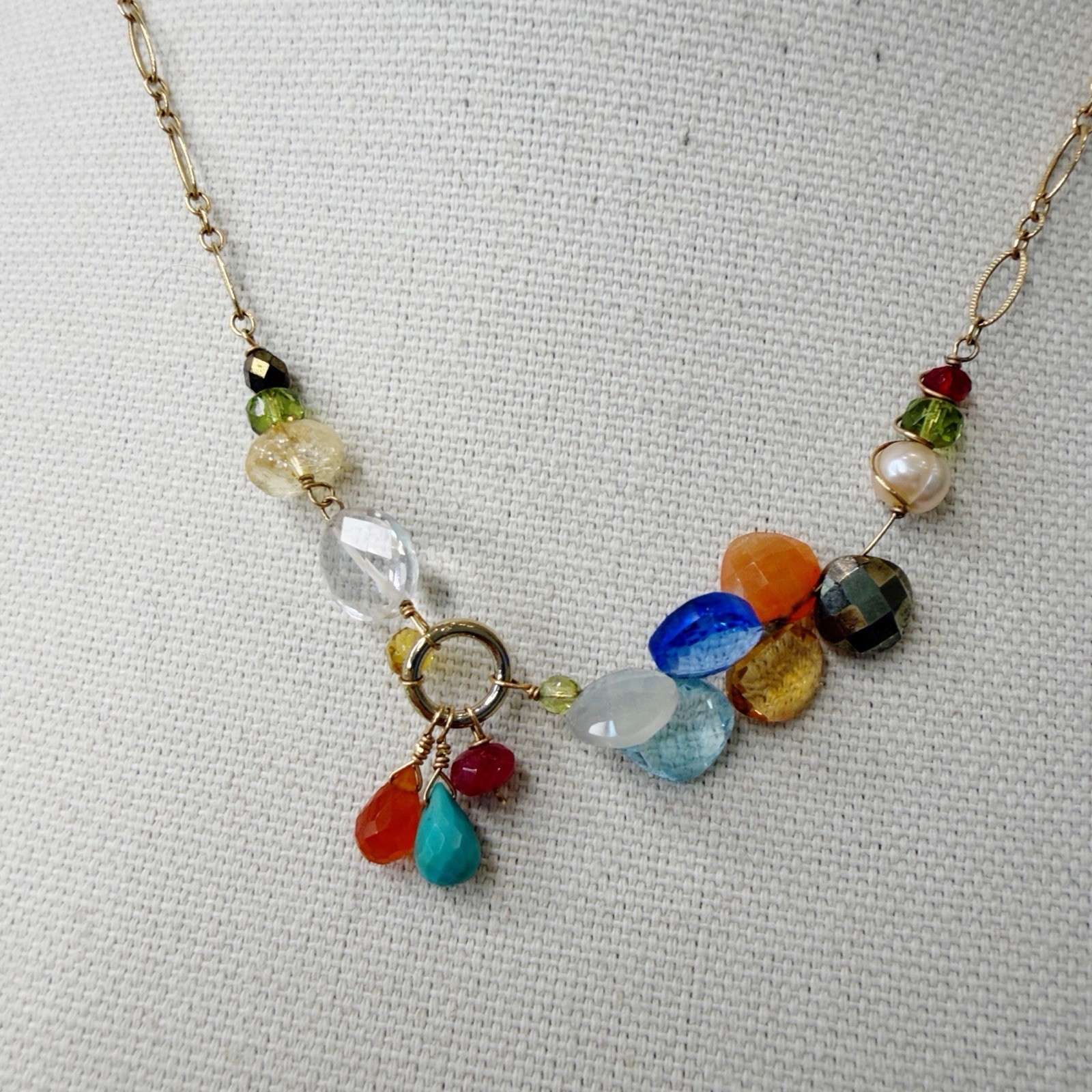 Anna Balkan Cluster Gemstone Necklace Pearl Topaz Carnelian Citrine Peridot Boho
