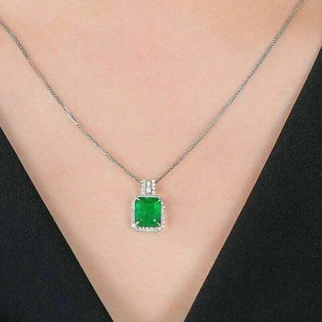 Emerald Cut LabCreated Green Emerald Womens Pendant withChain 14KWhite Gold Over