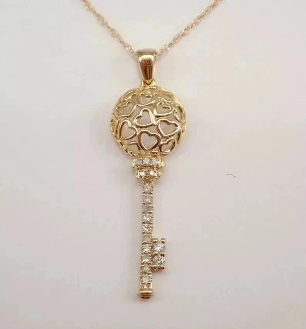 925 sterling silver 1Ct Round cut moissanite Key Pendant 14K Yellow Gold-Plated
