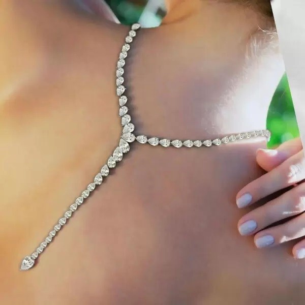 23.5 ctw Pear Cut Created Diamond 14K White Gold Plated Modern Tennis Necklace