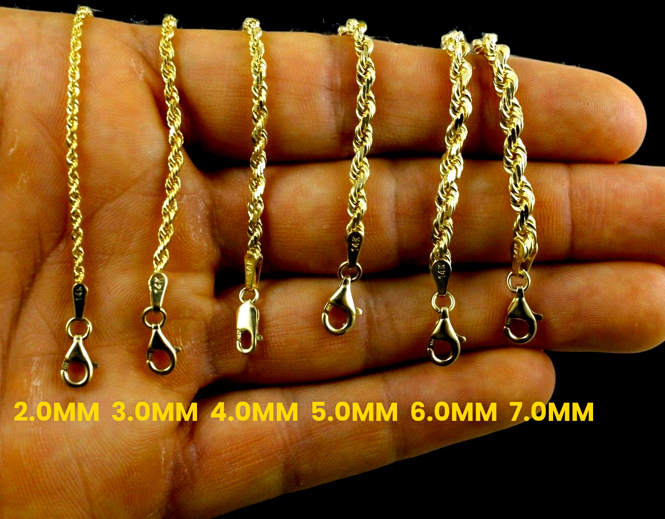 14K Yellow Gold 1mm-10mm Rope Chain Necklace Bracelet Diamond Cut Real 7″-30″