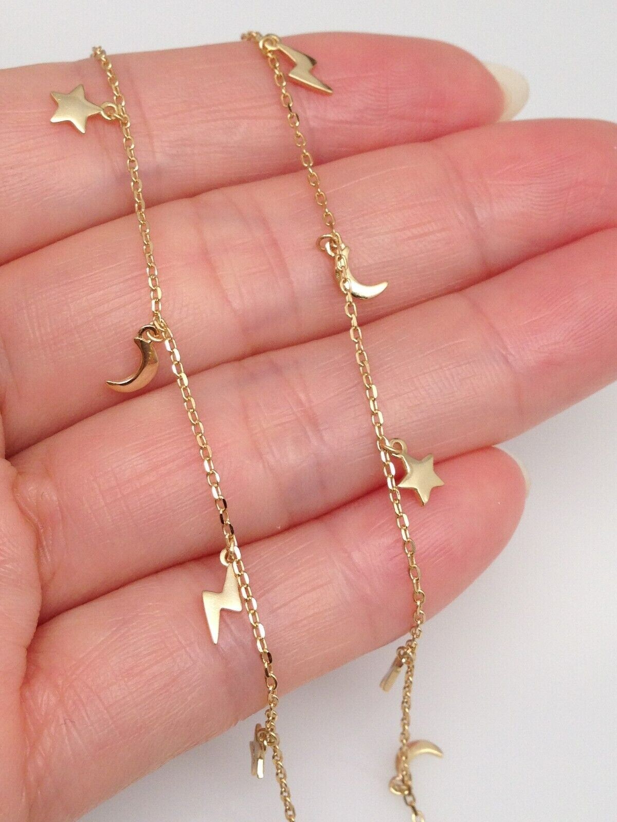 925 Sterling Silver Star Moon Lightning Station Dangle Charm CHOKER Necklace 6mm