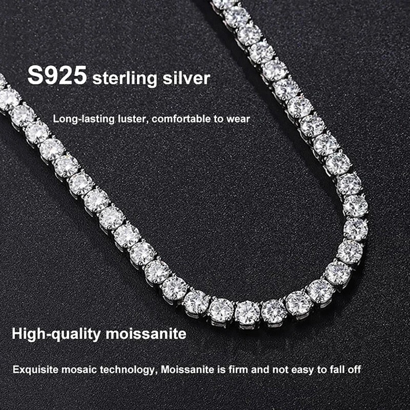 1ct D Color Round Cut Moissanite Tennis Necklace For Men Women S925 Silver GRA
