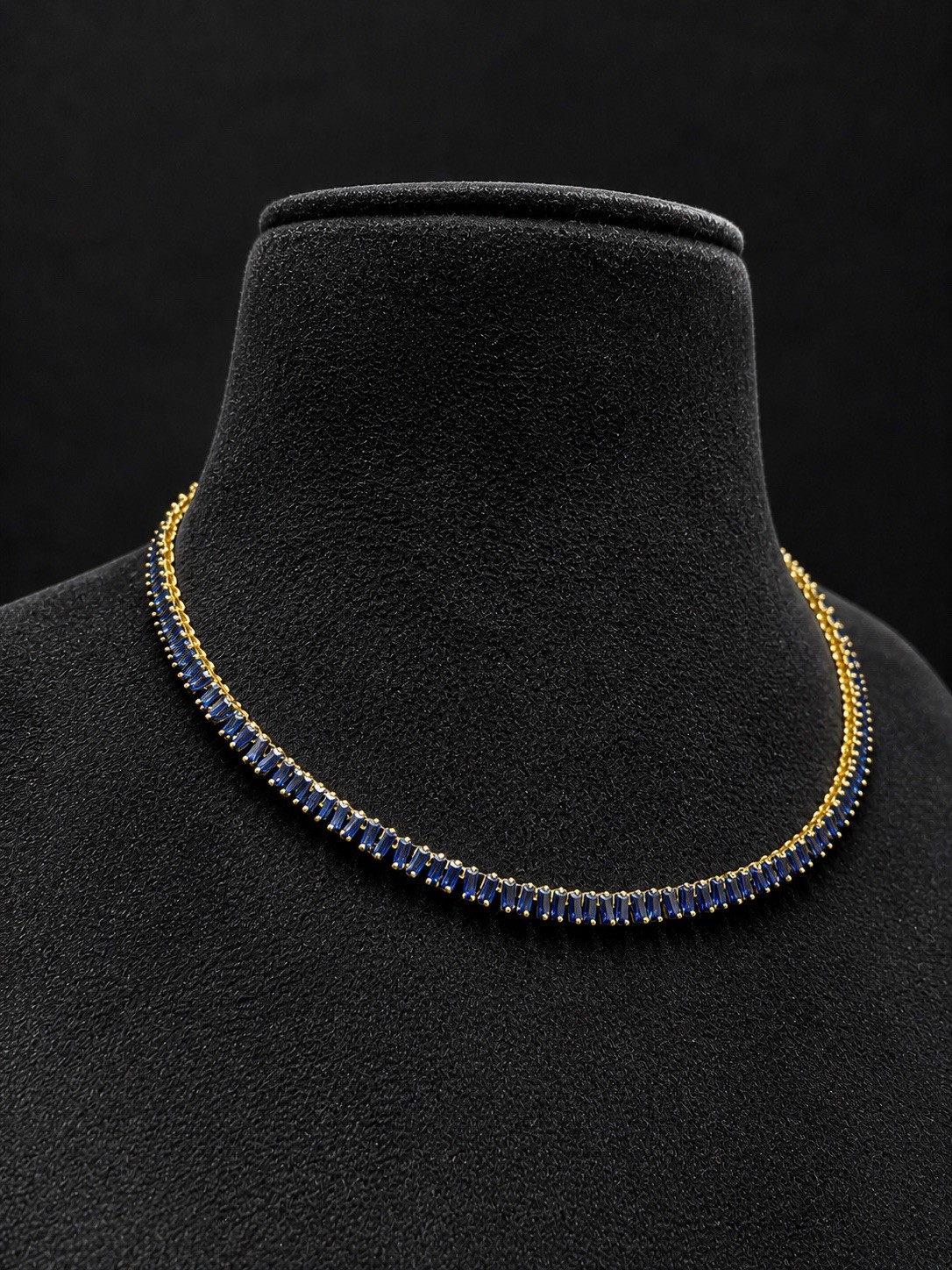 14k Yellow Gold Uneven Blue Sapphire Setting Baguette Cut Wedding Necklace Gift