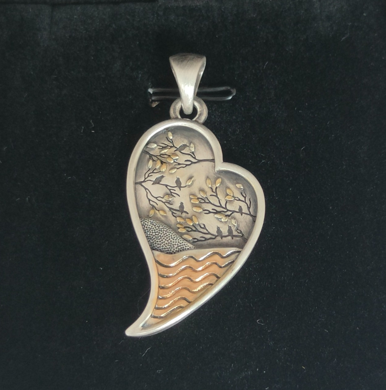 Heart Birds Tree Pendant Handmade Nature Landscape Charm Silver with box