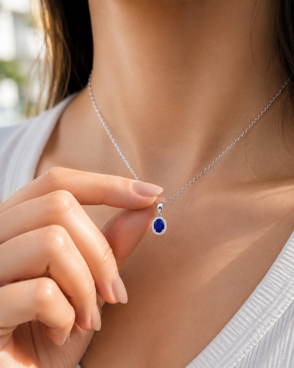 Oval Blue Sapphire Halo Pendant Necklace 925 Sterling Silver Lab Created