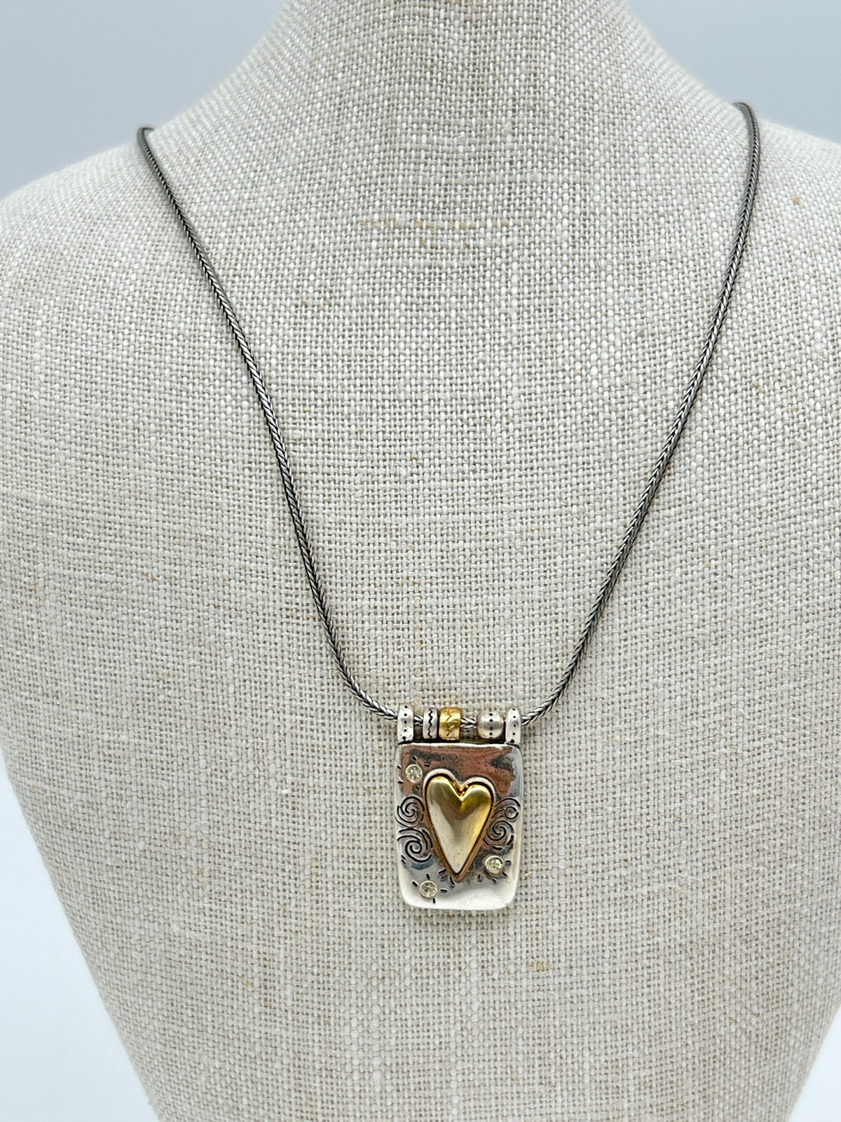 BRIGHTON Remember Your Heart Necklace Silver & Gold Plated 16-18″ Etched Pendant