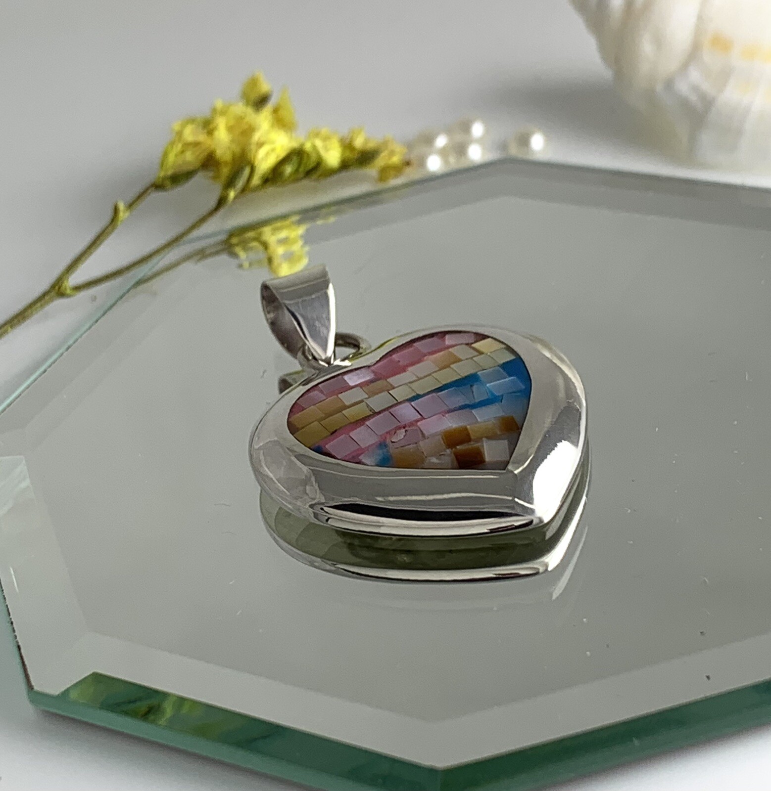Pendant 925 Sterling Silver HQ Thai ATI Multicolor Mother of Pearl Mosaic Inlay