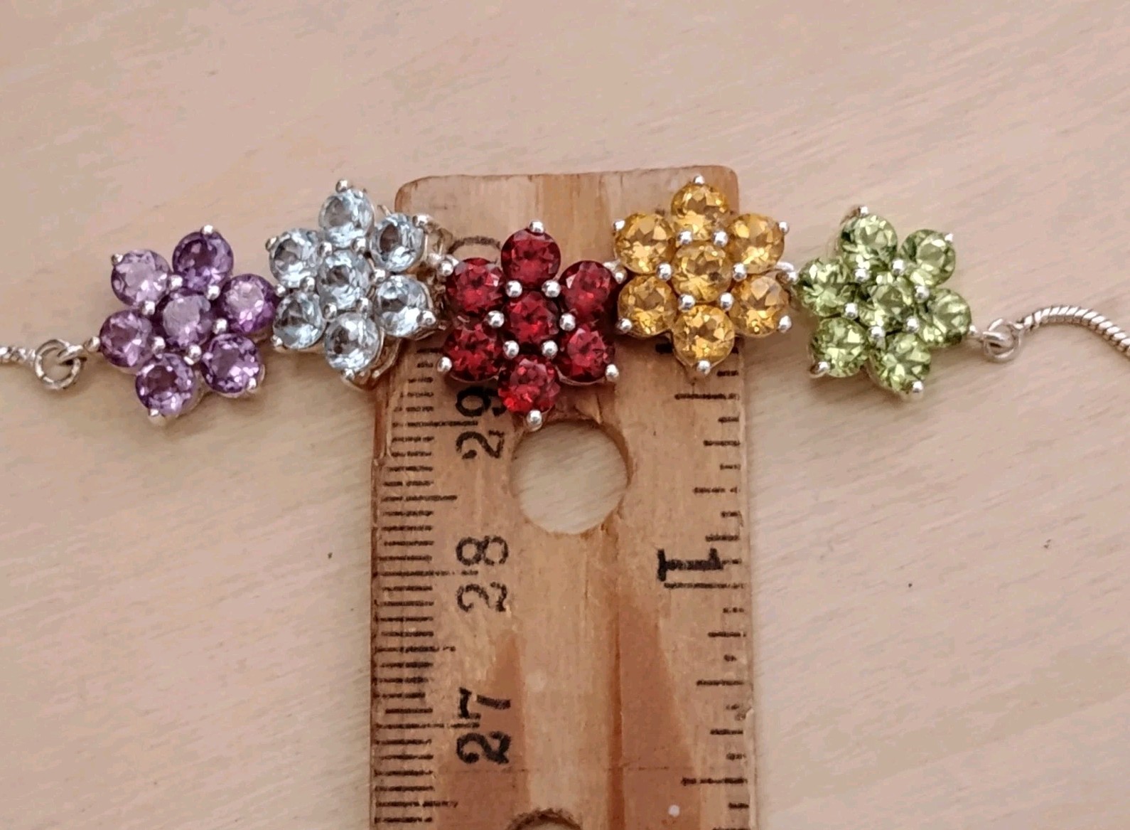 Thai Sterling Silver 925 Multi-Gem Floral Necklace Garnet Amethyst Topaz 20.5″