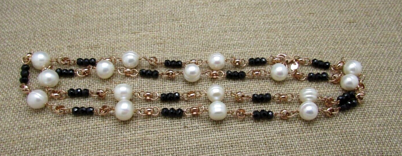 HONORA WHITE PEARL & BLACK BEAD NECKLACE BRONZE MILOR ITALY NEW IN BOX