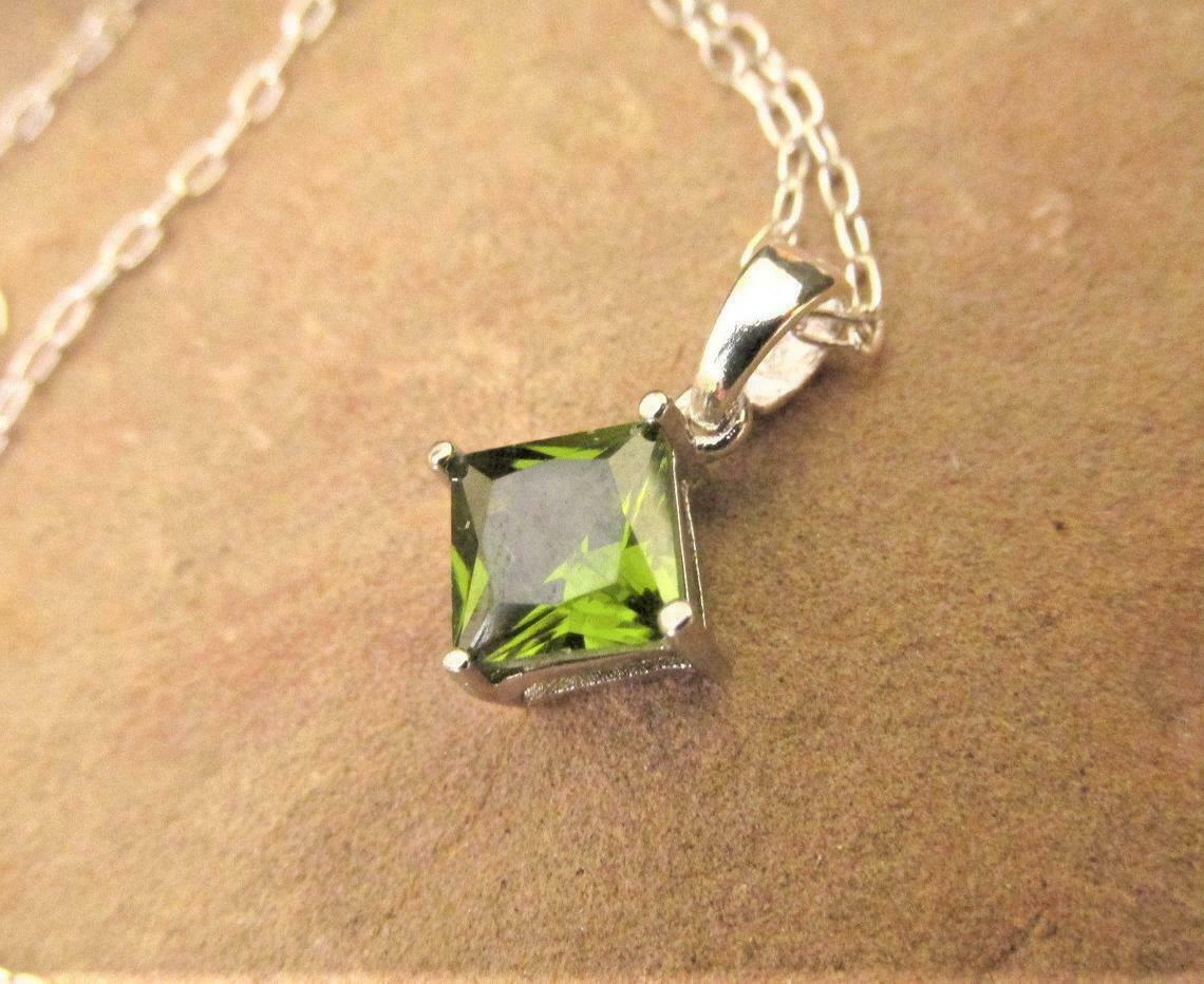 2 CT Princess Cut Solitaire Peridot Pendant With Chain 14k White Gold Finish