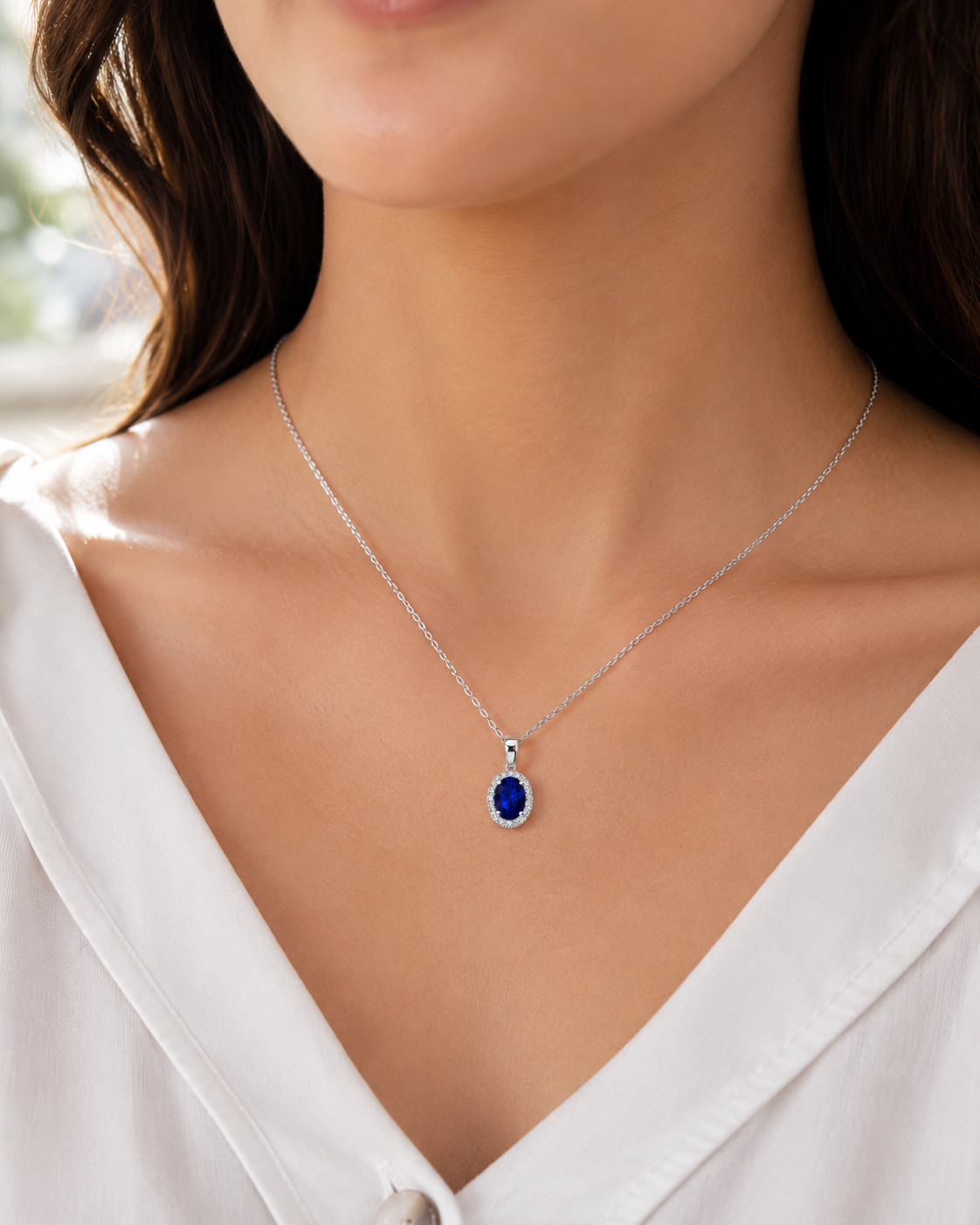 Oval Blue Sapphire Halo Pendant Necklace 925 Sterling Silver Lab Created