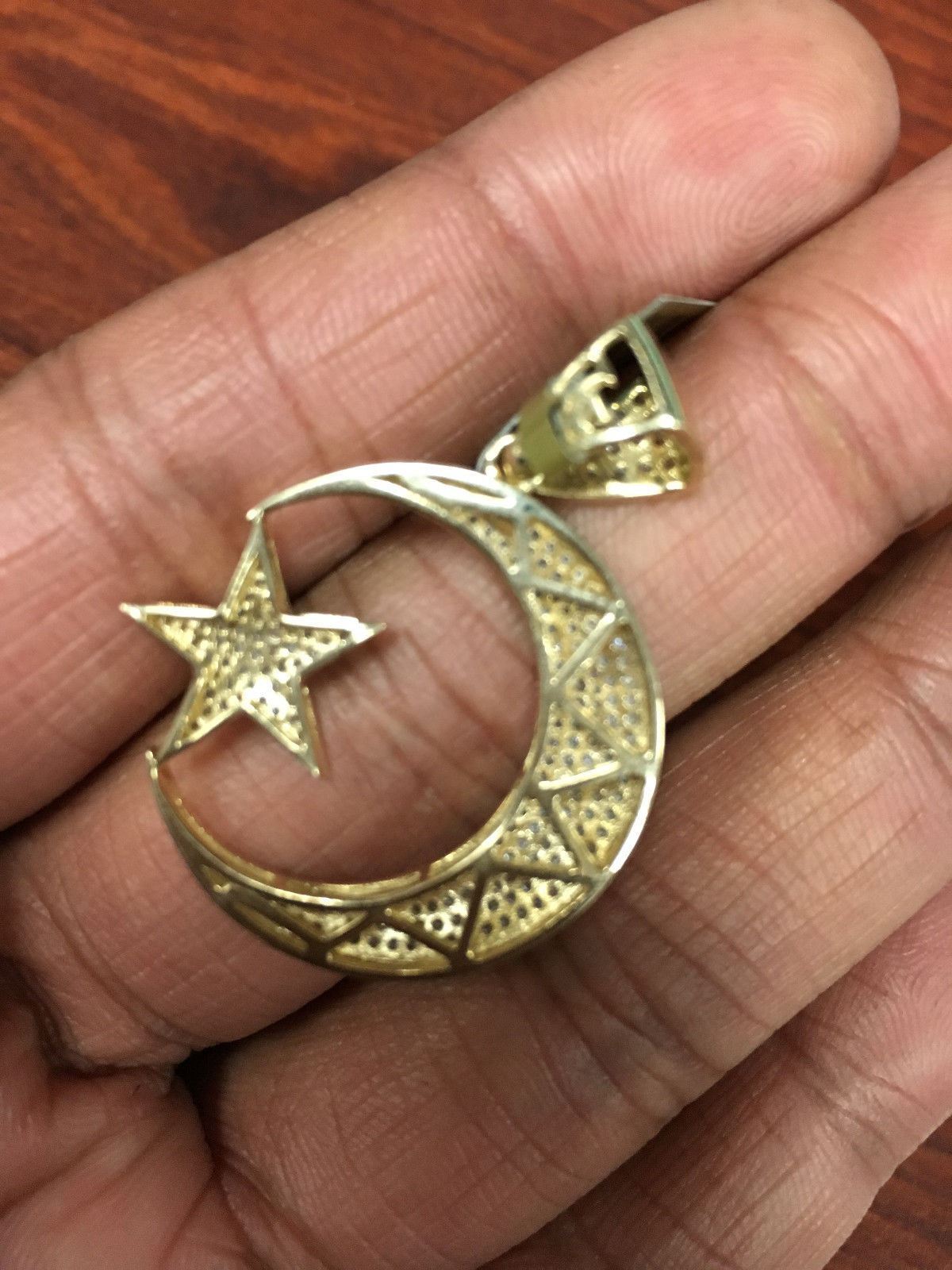SOLID Real 10K yellow gold Moon & Star Pendant Allah Islam Charm Jewelry Islamic