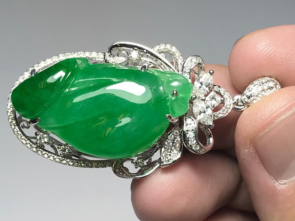 Male Organ God Rich Emerald Green Jadeite Jade 18K White Gold Diamond Pendant