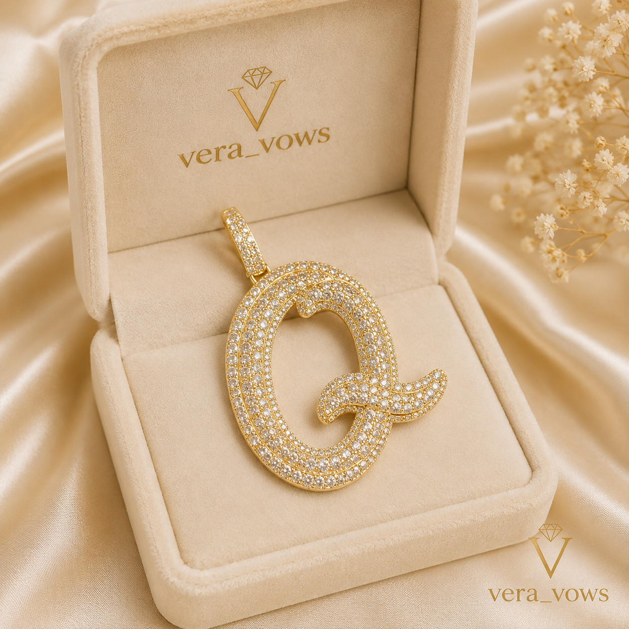 Lab-Created 14K Yellow Gold Plated Round Moissanite Initial “Q ” Letter Pendant