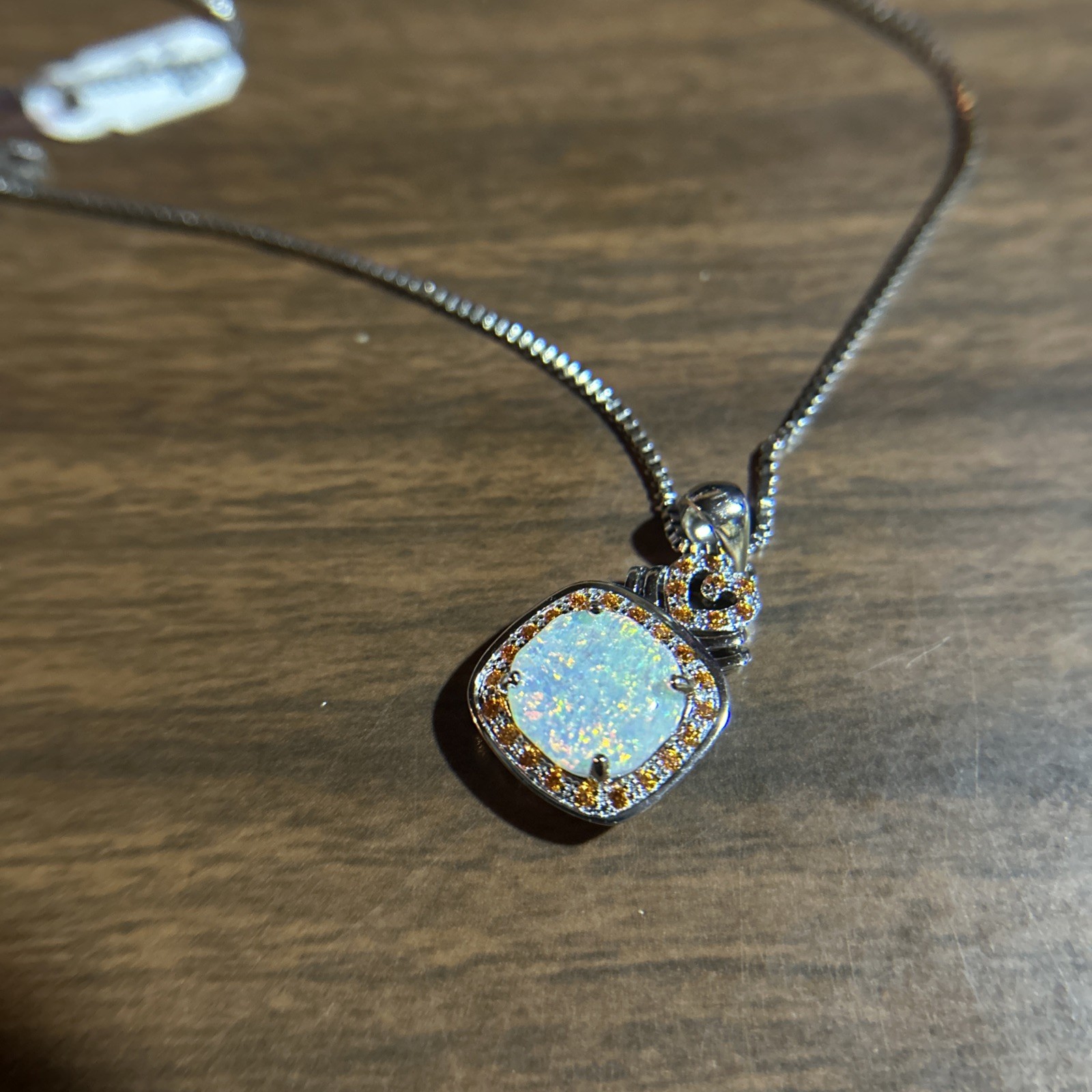 Square Cut Fire, Opal Cz Orange Halo Pendant Silvertone Box Chain 18 Inches ￼