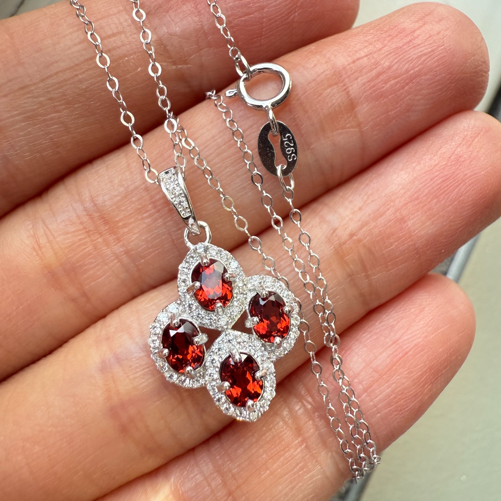 925 Sterling Silver Necklace 4x3mm Natural Garnet Gemstone Zircon Flower Chain