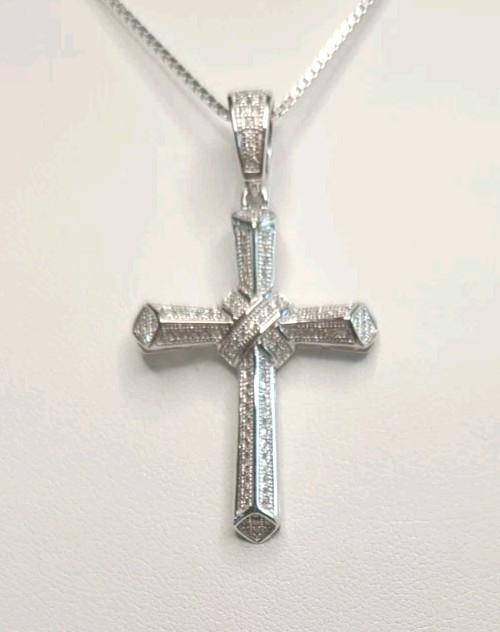 1.50 CTW Moissanite, 925 Silver Cross With 16 Inch Box Chain