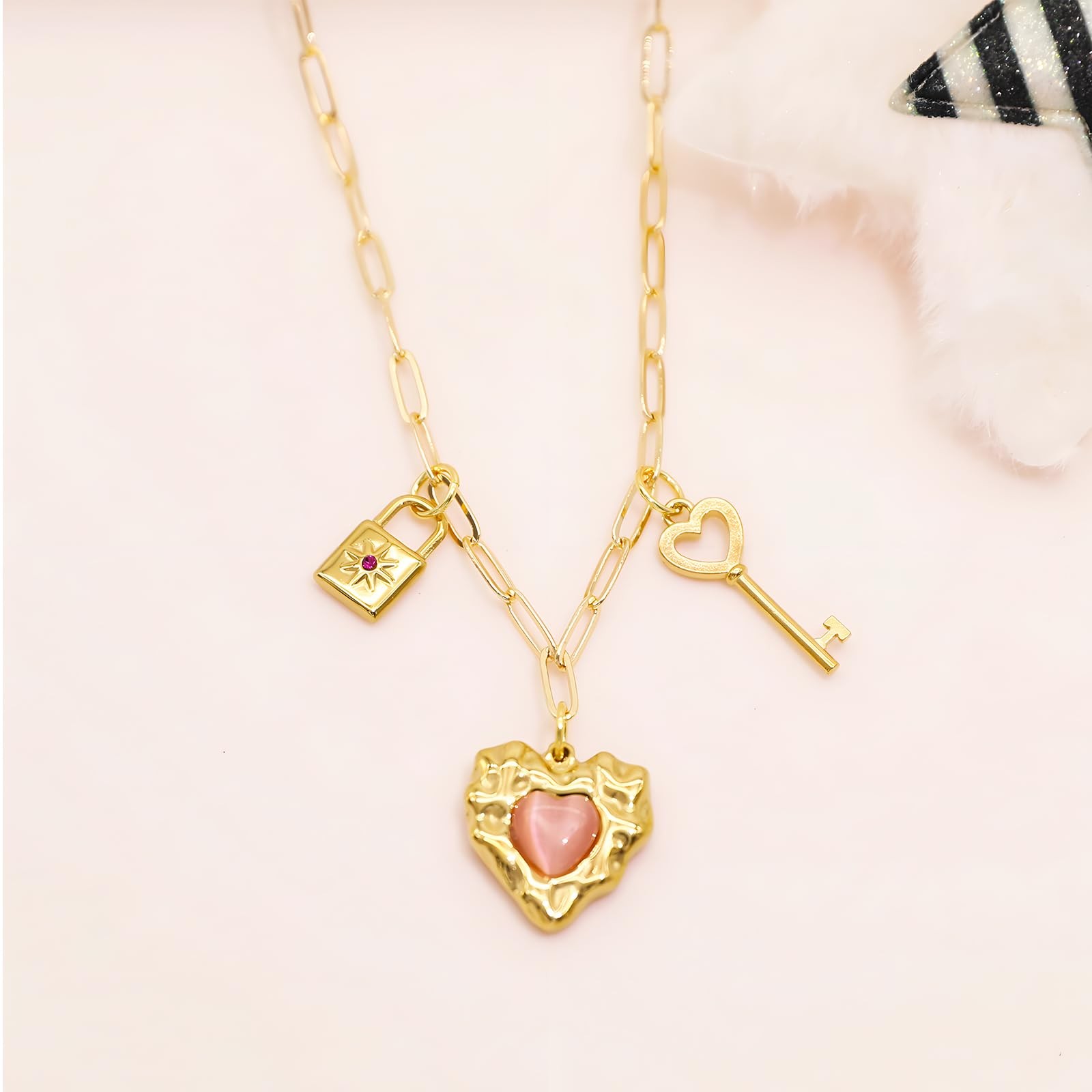 Multi Charm Necklace for Women Chunky Gold Plated Paperclip Chain Choker Ne – 07