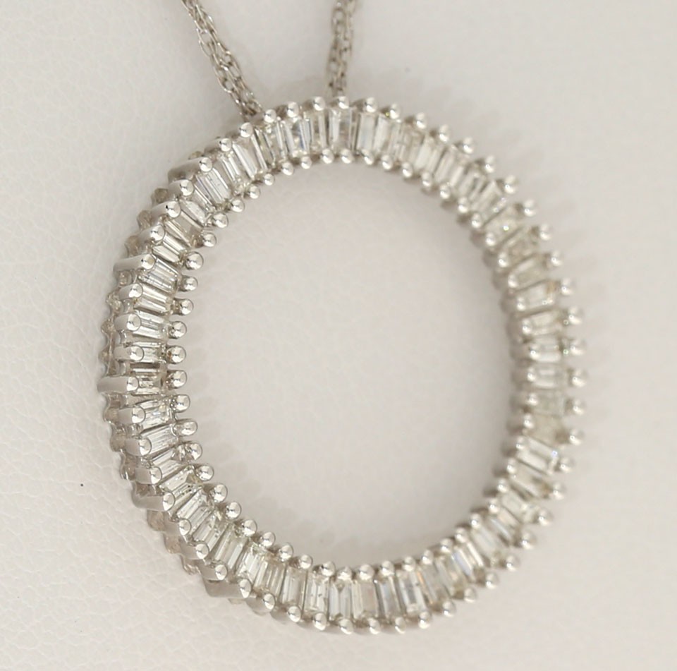 Natural Baguette Diamond Circle Pendant Necklace .80CT 14K WG 18”Chain