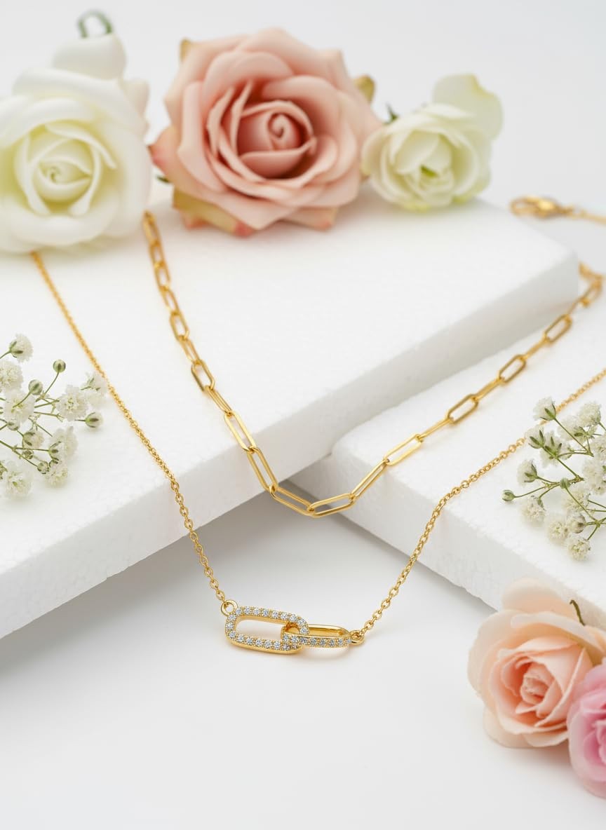 2 Pcs Gold Paperclip Necklace for Women, Layered Paper Clip Necklace Dainty Gold