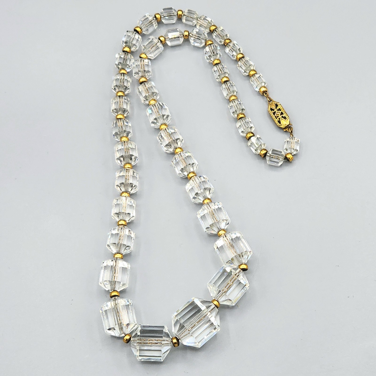Art Deco 14k GF Faceted Graduated Barrel Crystal Bead Necklace 18″