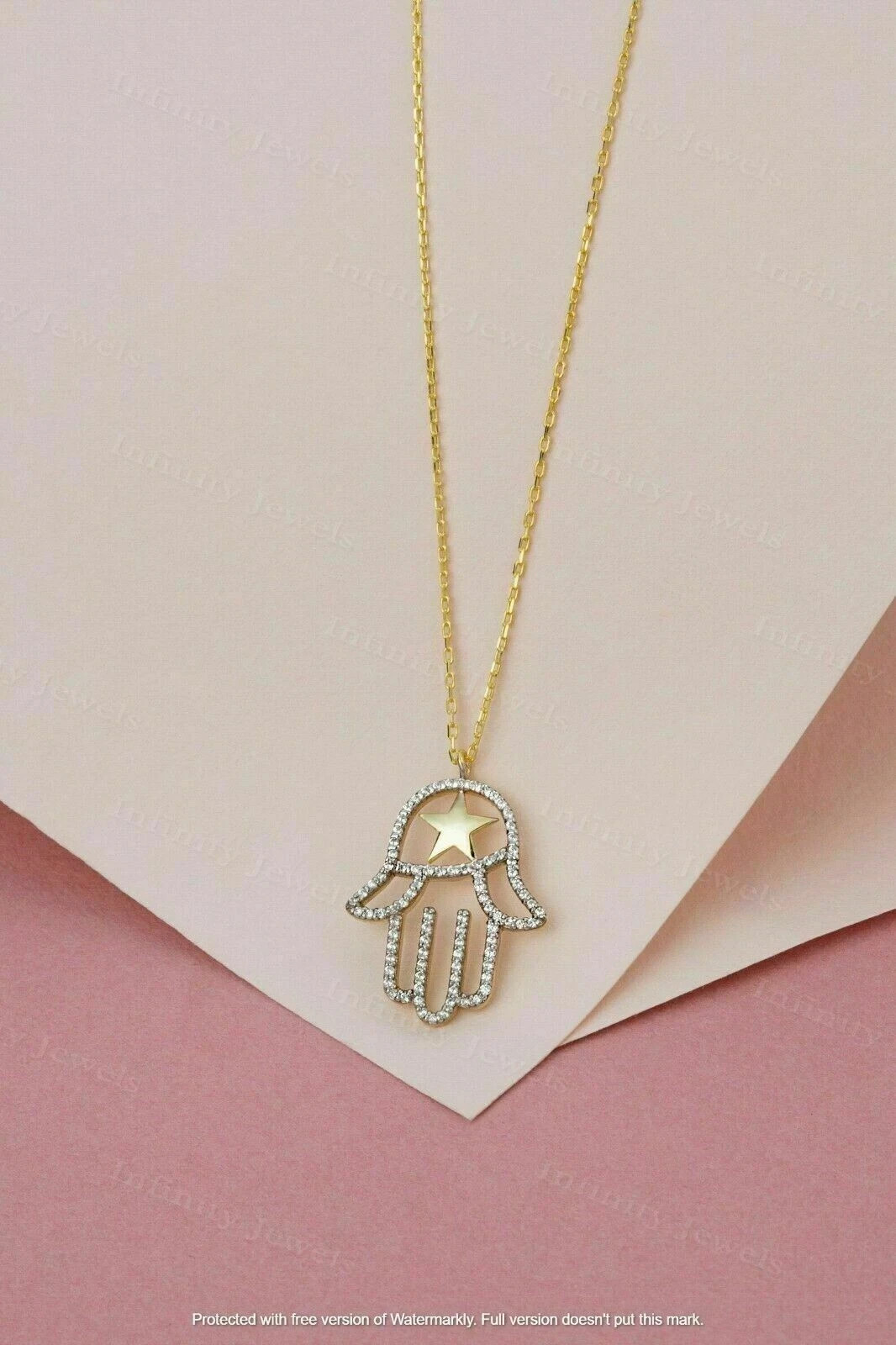1.50Ct Round Cut VVS1 Diamond Hamsa Pendant 14K Yellow Gold Over 18” Free Chain