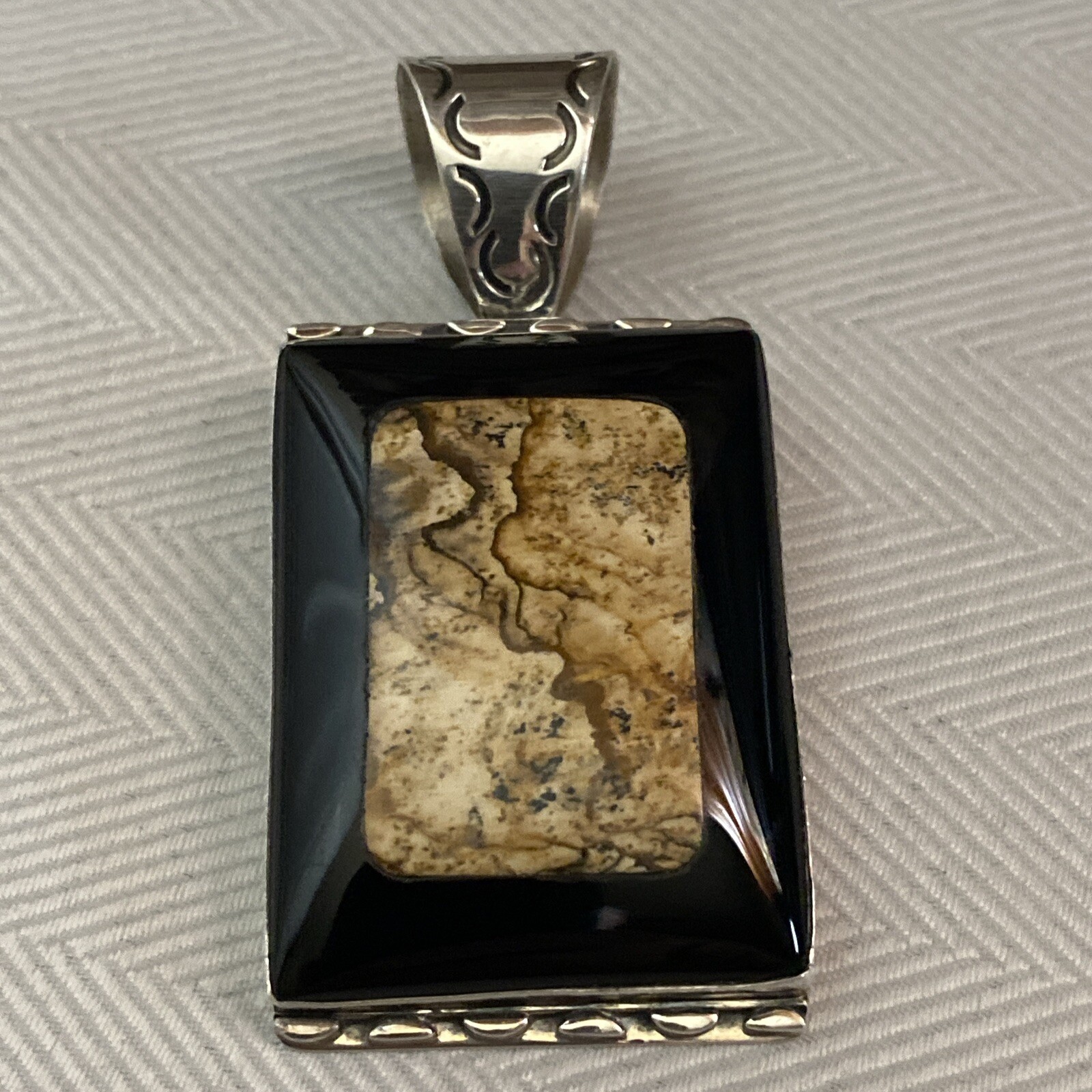 Jay King Beautiful Sterling Silver Black Onyx W/Picture Jasper Inlay Pendant