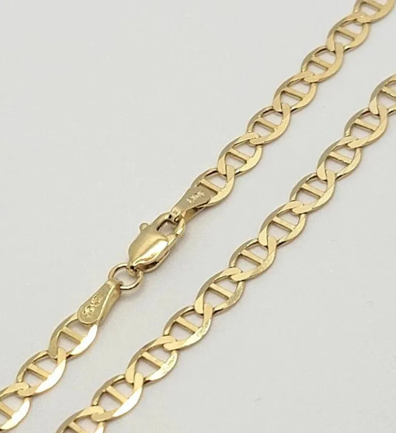 10K Solid Yellow Gold Mariner Link Chain Bracelet Necklace 3.2mm~6mm Size 7″~26″