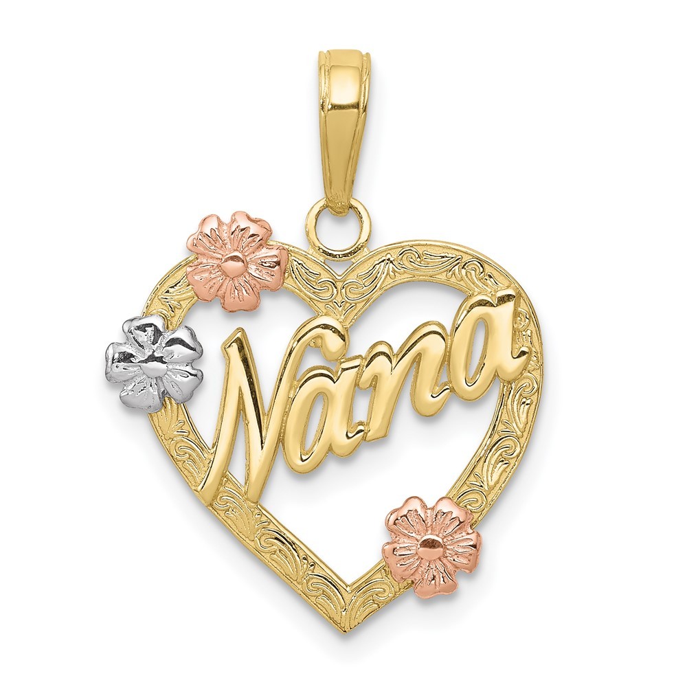 10K Tri-color Gold Nana in Heart with Flowers Beauty Pendant 1.17gm