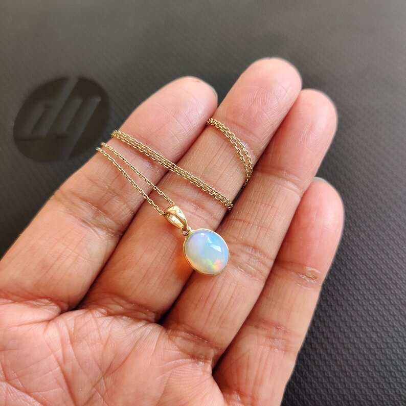 10K Solid Gold Natural Ethiopian Opal Handmade Dainty Pendant For Her Gift