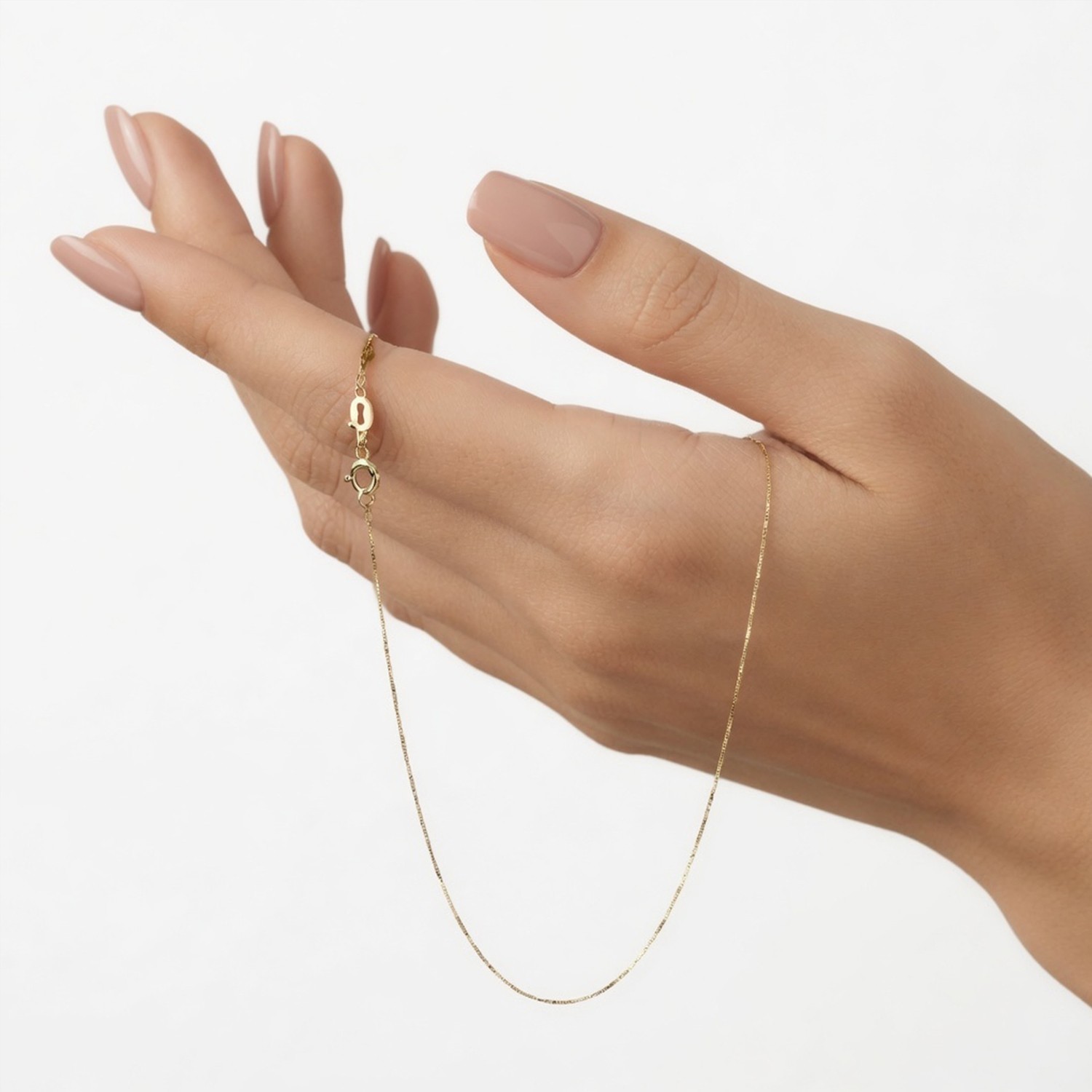 14k Real Solid Gold Box Style Chain Necklace, 0.6mm