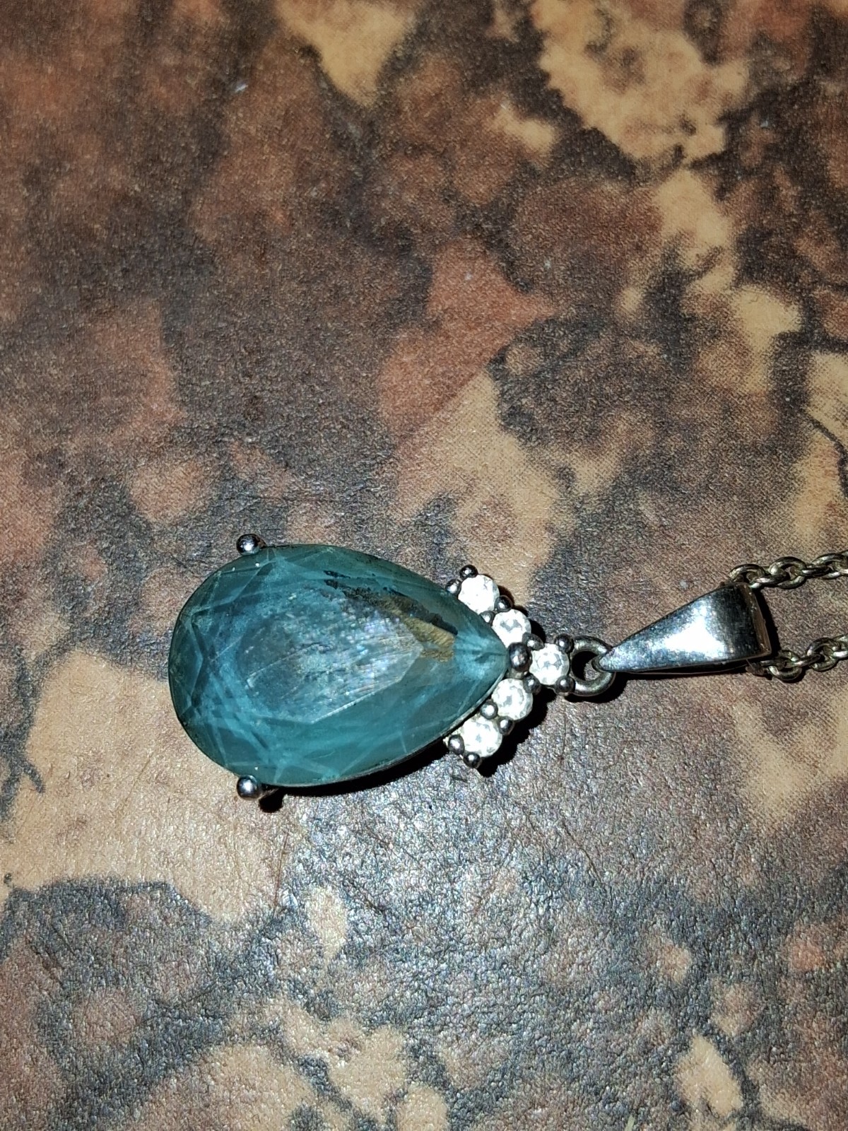 Vintage Style 925 Sterling Teardrop Pendant Blue Topaz Gem w/ CZ Sparkle Chain