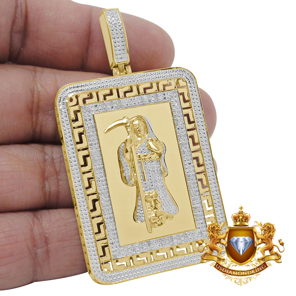 Real Diamond Santa Muerte Angel of Death Grim Reaper Pendent 10K Gold Tone Charm