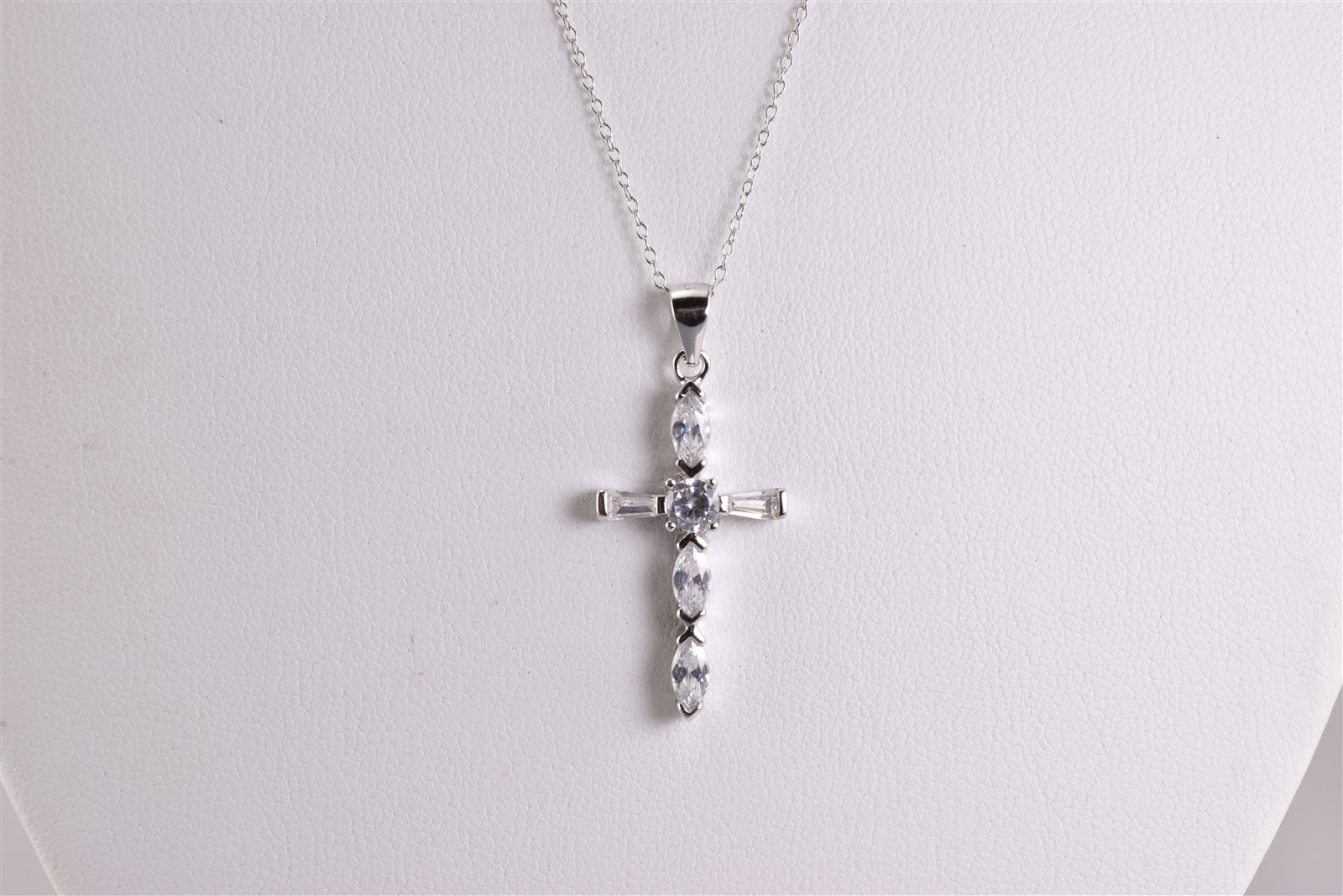 Sterling Silver 26mm x 15mm Marquise Baguette Accented Cross Pendant 18″ Chain
