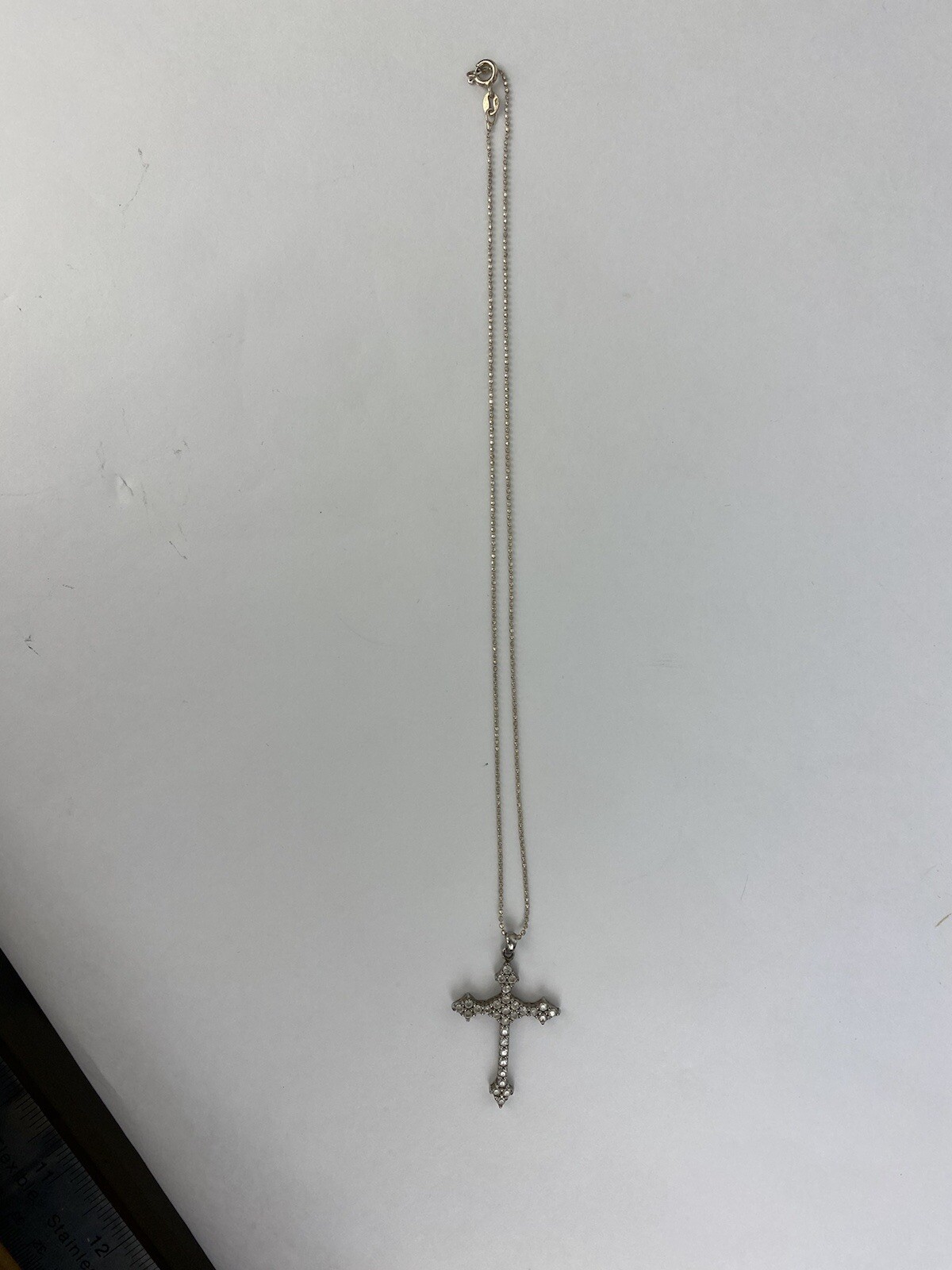 Sterling Silver 16″ Necklace Gothic Cross Pendant Clear CZ Ball Chain