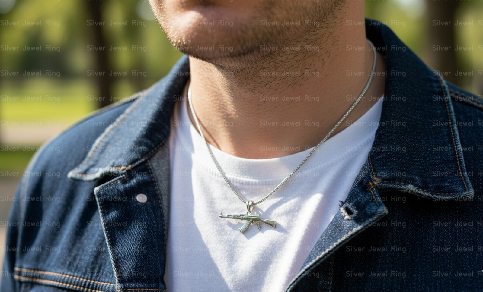 Silver Jewel Ring 925 Sterling Silver AK Style Rifle Pendant Necklace Men ‘s