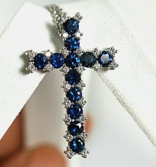 2Ct Round Cut Lab Created Blue Sapphire Cross Pendant 14K White Gold Plated