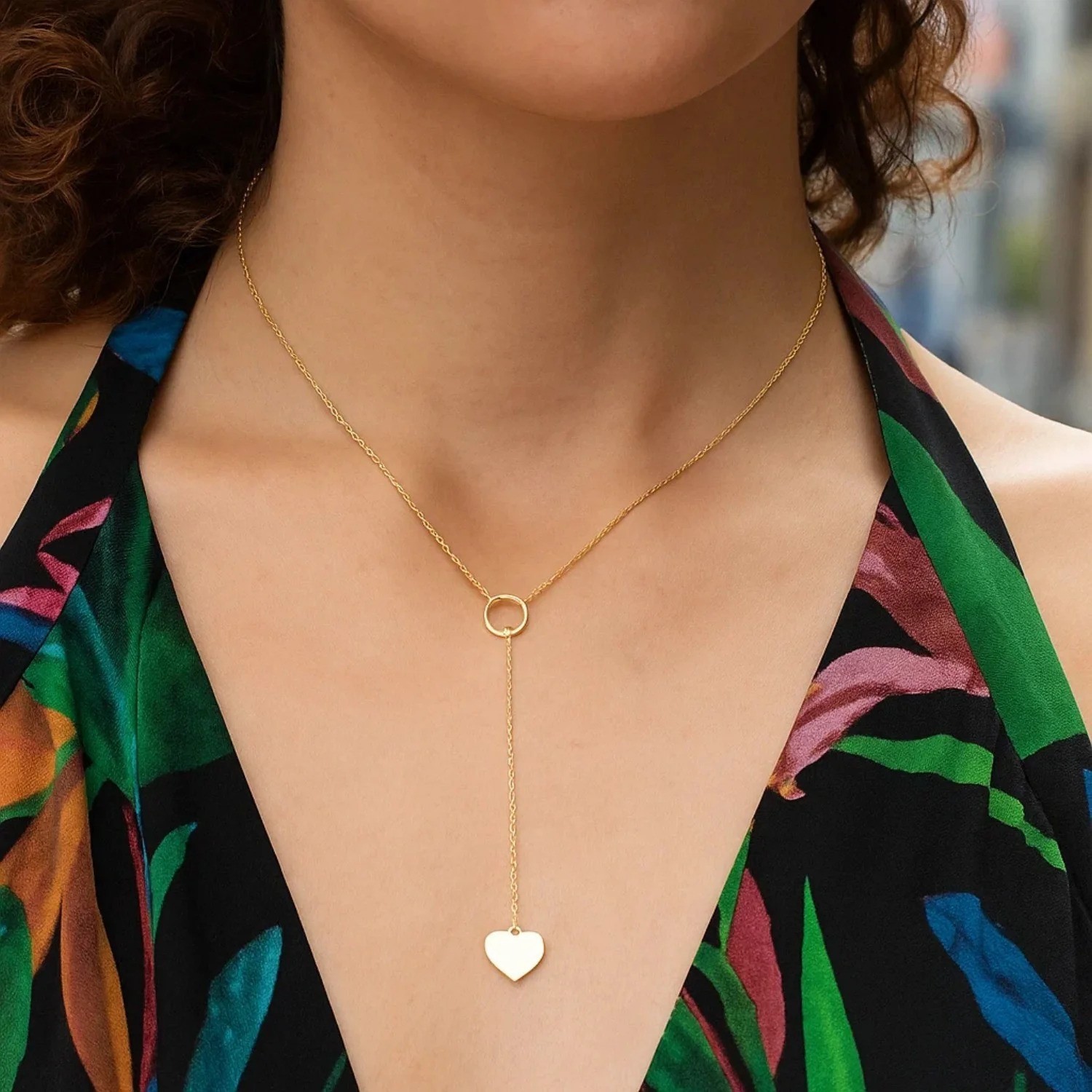 Delicate Heart Lariat Y Necklace 14K Yellow Gold Handmade Fine Valentines Day